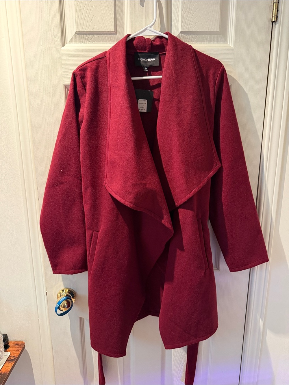Fashion Nova Burgundy Draped Open Front Trench Coat